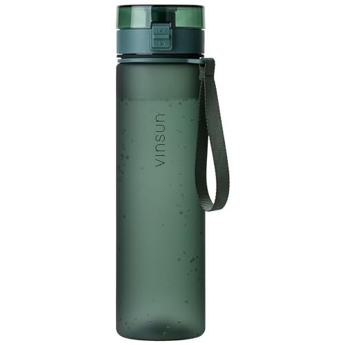 VINSUN Trinkflasche 1L dunkel grün - auslaufsicher, Kohlensäure geeignet, BPA frei, Tritan, Einhandbedienung - Leichte Wasser Flasche für Sport, Schule, Uni, Fahrrad