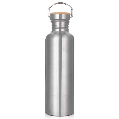 Trinkflasche Edelstahl 1L, Nicht Isolierte Einwandige Edelstahl Trinkflasche, BPA-Frei Auslaufsicher Metall Wasserflasche, Outdoor Trinkflasch für Sprudel, Sport, Schule, Fitness