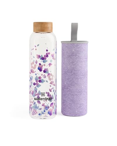 waterdrop® Edition Glass Bottle 1l Trinkflasche Glas auslaufsicher, Kohlensäure geeignet | BPA freie Wasserflasche inkl. Neoprenhülle | Spülmaschinenfeste, Leichte Borosilikat Glasflasche