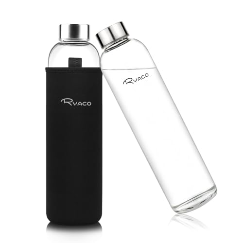 Ryaco Trinkflasche aus Glas 1 liter /1l - Glasflasche 750ml - mit Neoprenhülle - Glastrinkflasche mit Schraubverschluss - Wasserflasche Glas für kohlensäurehaltige Getränke - spülmaschinenfest