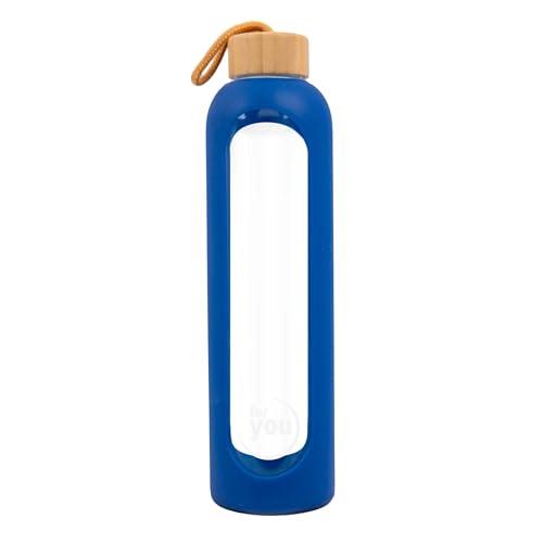 for you Nachhaltige Trinkflasche blue moon | 1000ml aus Glas mit Silikonhülle und spülmaschinenfest | 1Liter Auslaufsichere Wasserflasche mit Bambusdeckel | 100% BPA frei | geeignet von -20°C – 150°C