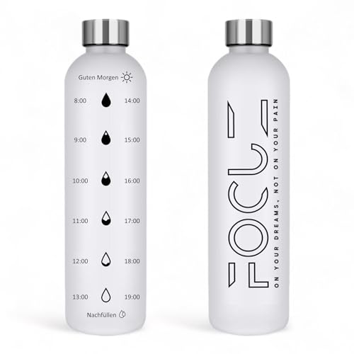 FOCUZ® Motivational Bottle 1 L mit motivierender Zeitmarkierung, Trinkflasche 1l, 1 Liter - auslaufsicher, BPA frei, spülmaschinenfest, Kohlensäure geeignete Wasserflasche für Sport, Freizeit, Büro