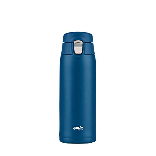 Emsa N21509 Travel Mug Light Thermo/Isolierbecher aus Edelstahl, 0,4 Liter, 8h heiß, 16h kalt, 100 Prozent dicht, auslaufsicher, spülmaschinengeeignet, Klappverschlussystem, Blau, 1 Stück (1er Pack)