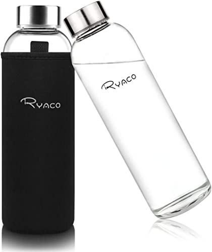 Ryaco Glasflasche 1 Liter /1l - 550ml - Trinkflasche Wasserflasche Glas mit Neoprenhülle - Flasche Glas mit Schwammbürste - Glastrinkflasche für kohlensäurehaltige Getränke