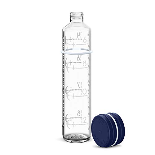 Motivierende Glasflasche 1000 ml 1 l Trinkflasche mit Zeitmarkierung Trinkerinnerung, Kohensäure geeignet, BPA frei, auslaufsicher, bruchsicher, Navigator, Nachtblau