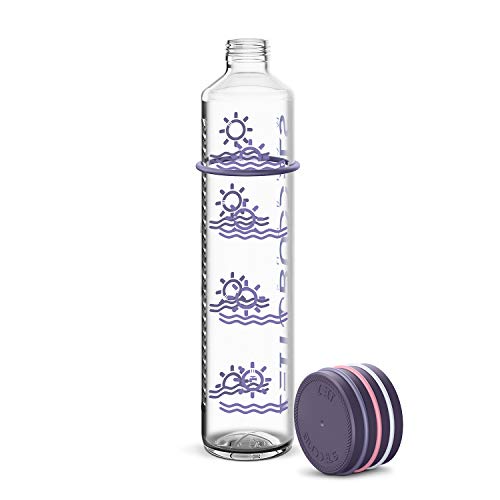 Motivierende Glasflasche 1000 ml 1 l Trinkflasche mit Zeitmarkierung Trinkerinnerung, Kohensäure geeignet, BPA frei, auslaufsicher, bruchsicher, SUNBEAM, Lila