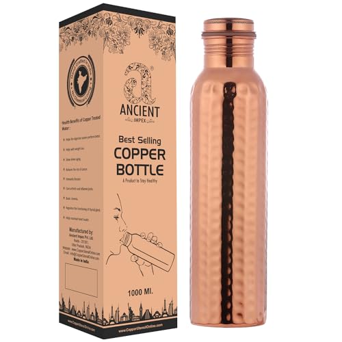 Ancient Impex Nahtlose Wasserflasche aus reinem Kupfer, gehämmert, für Ayurveda-Vorteile, 1000 ml Fassungsvermögen
