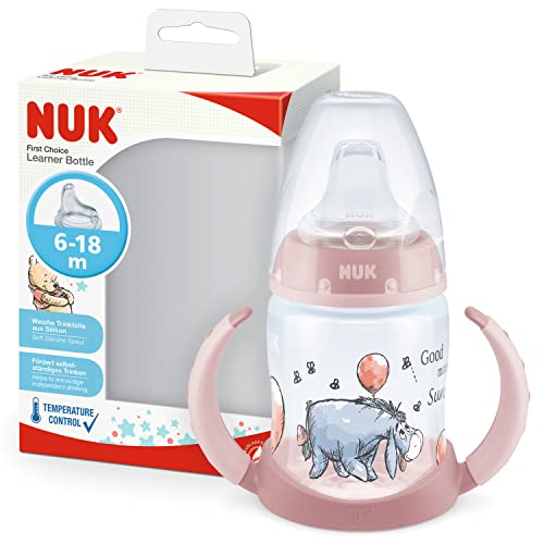 NUK First Choice+ Trinklernflasche | 6–18 Monate | 150 ml | Temperature Control Anzeige | Anti-KoliK-Ventil | auslaufsichere Trinkschnabel | Ergonomische Griffe | BPA-frei | Disney Winnie Puuh (rosa)