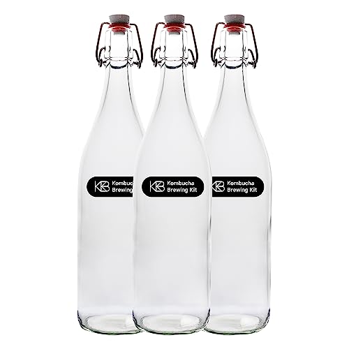 Bügelflasche 3er Set mit 1l Fassungsvermögen pro Flasche, ideal für Kombucha und fermentierte Getränke, robuste und hochwertige Bügelflasche mit festen Verschluss, schließt luftdicht ab