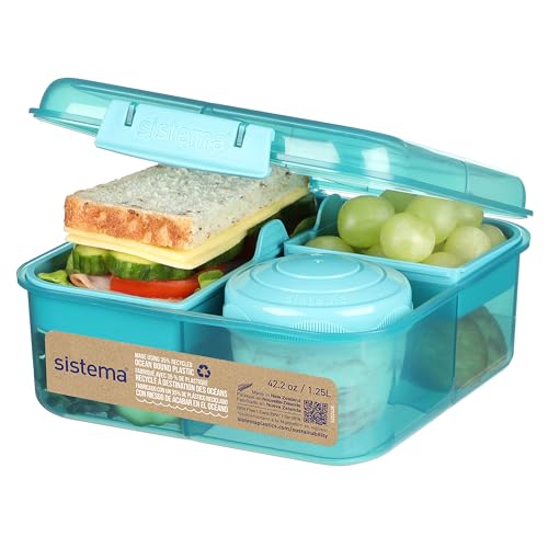 Sistema Bento-Box | 1,25 L | Brotdose für Pause mit Fächern und Snackbox | BPA-frei | hergestellt aus Ocean Bound Plastic | Teal Stone | 1 Stück