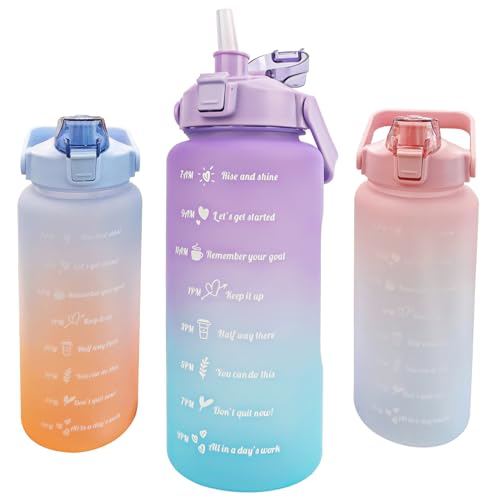 KETIEE Trinkflasche 2L, 2 Liter Trinkflasche mit Strohhalm, BPA-frei Wasserflasche 2 Liter mit Zeitmarkierung, Auslaufsicher Sportflasche Trinkflasche Sport für Fitness Camping Yoga (Violett Blau)