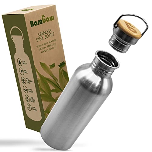 Bambaw – Edelstahl Trinkflasche 1l, Wasserflasche 1l, Nicht Isolierte Einwandige, Trinklasche Edelstahl, Auslaufsichere Metall-Wasserflasche, Outdoor-Trinkflasch, trinkflasche 1l, wasserflasche