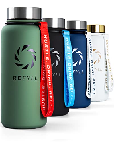 REFYLL X Thermo Trinkflasche Edelstahl “Power” 1L I 2 Verschlüsse I Doppelwandige Isolierflasche I 24H Kalt & 12H Heiß I BPA-Frei I Fitness Trinkflasche 1000ml für Kohlensäure geeignet