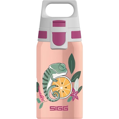 SIGG - Edelstahl Trinkflasche Kinder - Shield One Flora - Für Kohlensäurehaltige Getränke Geeignet - Auslaufsicher - Federleicht - BPA-frei - Rosa Mit Chamäleon-Aufdruck - 0,5L