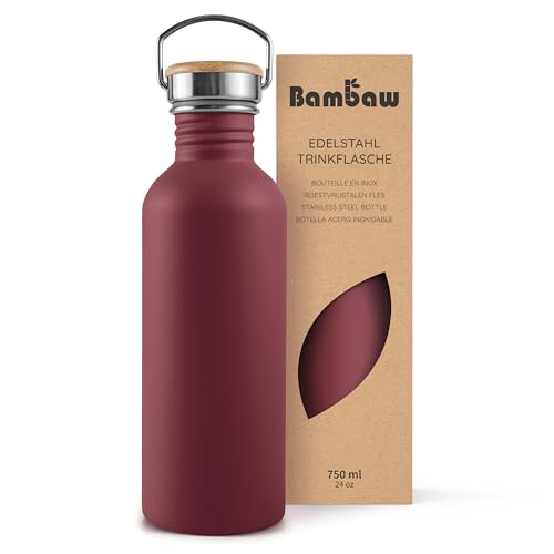 Bambaw Edelstahl Trinkflasche 750ml, Nicht-islierte Trinkflasche Rot, Trinkflasche Spülmaschinenfest, Nachhaltige Trinkflasche, Trinkflasche Auslaufsicher – Kirschrot