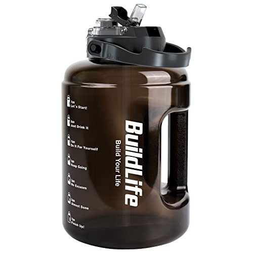 BuildLife Trinkflasche Sport 2.5L- Trinkflasche Auslaufsicher,Trinkflasche mit Zeitmarkierung,2-in-1-Deckel Wasserflasche, und Trinkflasche BPA Frei für Fitnessstudio (2500 ML, Schwarz)