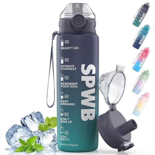 SPWB Trinkflasche,1L Sportflasche Auslaufsicher, BPA-frei Tritan Wasserflasche mit Filter und Zeitmarkierung, Kohlensäure Geeignet für Fahrrad, Fitness, Wandern, Camping und Schule