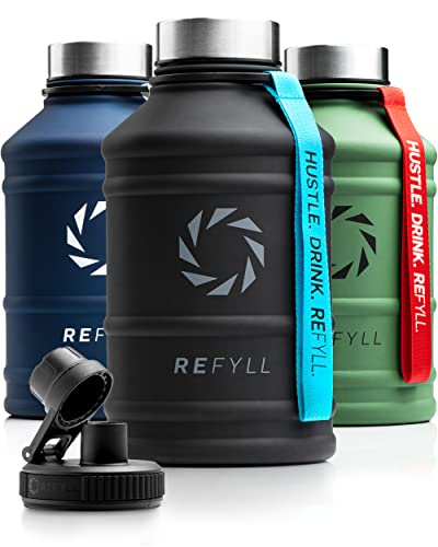 REFYLL X Edelstahl Trinkflasche Hero in 1,3-2,2L I Fitness Trinkflasche für Sport, Gym | Water Jug auslaufsicher, robust, BPA frei | + Sportdeckel (Midnight Black)