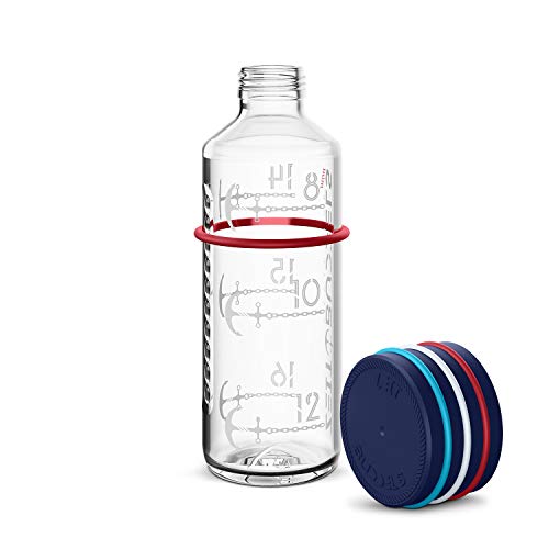 Motivierende Glasflasche 600 ml 0,6 l Trinkflasche mit Zeitmarkierung Trinkerinnerung, Kohensäure geeignet, BPA frei, auslaufsicher, bruchsicher, NAVIGATOR, Nachtblau