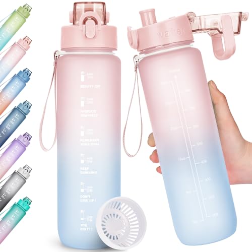 AOHAN Trinkflasche, 1l Wasserflasche BPA-Frei, Trinkflasche Sport Auslaufsicher, Sportflasche mit Zeitmarkierung für Fitness, Büro, Schule, Yoga, Outdoor