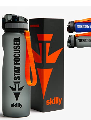 skilly YPO 1.0 Trinkflasche 1l I BPA frei, auslaufsicher I One-Klick Verschluss I Tritan Sportflasche inkl. Frucht-Sieb | Wasserflasche 1Liter für Fitness, Outdoor, Fahrrad, Uni und Gym (grau)