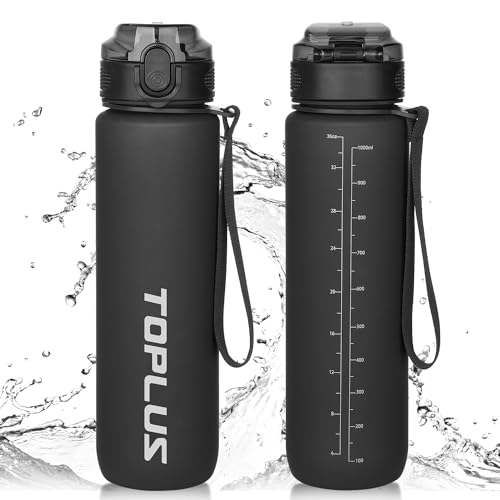 TOPLUS Trinkflasche 1l, 100% BPA-frei, Wassweflasche mit Filter, Trinkflasche Sport, 1000ml Sportflasche für Fahrrad, Camping, Yoga, Gym, Sport- Leicht, Stoßfest, Wiederverwendbar- Schwarz (1 Flasche)