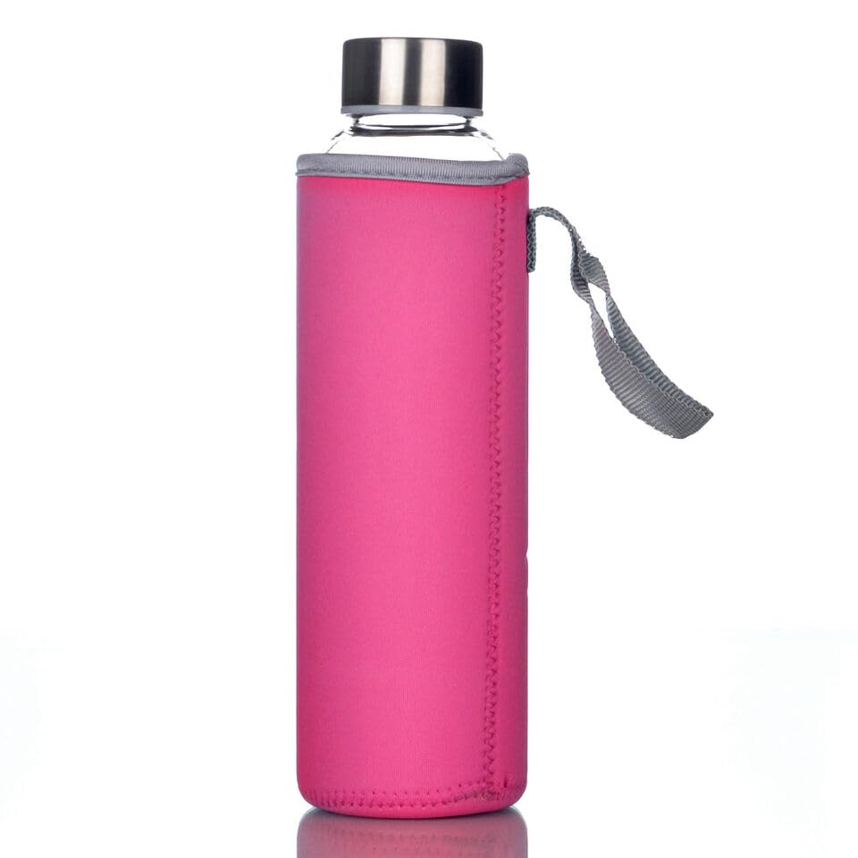 Trinkflasche aus Glas, (Pink, 550 ml) Sportflasche to-go Glastrinkflasche, Borosilikatglas, Wasserflasche Fahrradflasche Glasflasche Getränkeflasche und Deckel aus Edelstahl