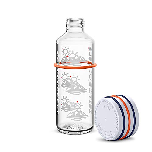 Motivierende Glasflasche 600 ml 0,6 l Trinkflasche mit Zeitmarkierung Trinkerinnerung, Kohensäure geeignet, BPA frei, auslaufsicher, bruchsicher, Sunbeam, Weiß