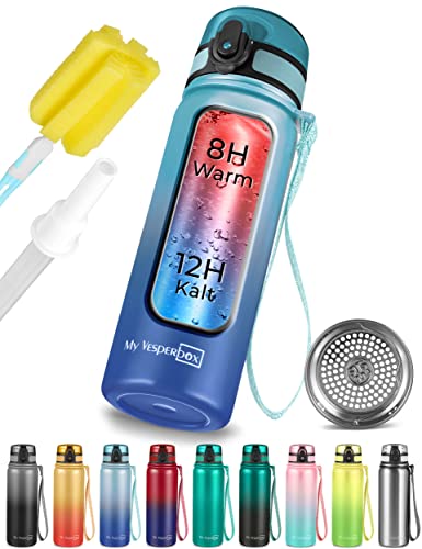 My Vesperbox - Edelstahl Thermos Trinkflasche auslaufsicher - mit Strohhalm oder Sieb - 400 ml, 600ml - BPA FREI - für Kindergarten, Schule (Blau Verlauf, 600 ml)
