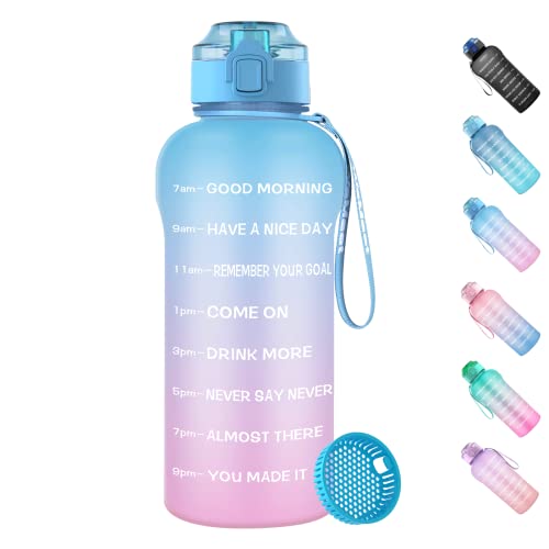 WEMEET 2L Trinkflasche mit Zeitmarkierung [BPA Frei Tritan], 2 Liter Sportflasche mit Fruchtfilter Auslaufsicher, 2000ml Wasserflasche für Camping, Fitnessstudio, Picknick BLAU PINK