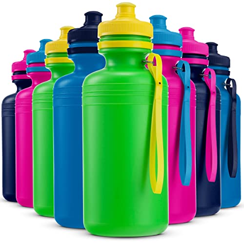 Trinkflasche Kinder Großpackung – 12 x 532 ml, 19 cm Große BPA-Freie Kunststoff Quetsch Trinkflasche mit Pop-Up-Verschluss und Griffen für Sommer, Schule, Sport, Uni oder Geburtstagsparty-Geschenke
