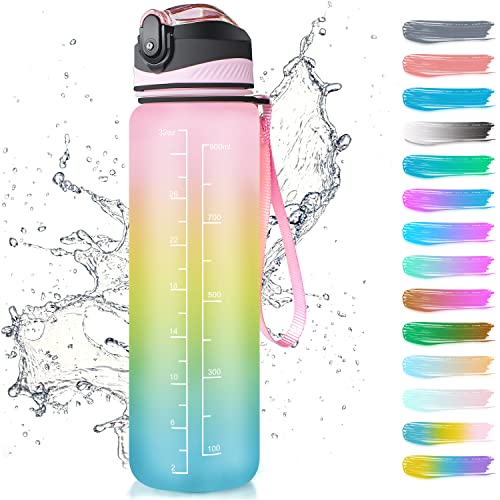 Sport Trinkflasche mit Strohhalm 1L, Wasserflasche mit Zeitmarkierungen Tritan, Gym Flasche Motivations, BPA Frei, Geeignet für Wandern Fahrrad, Schule, Fitness, Draussen