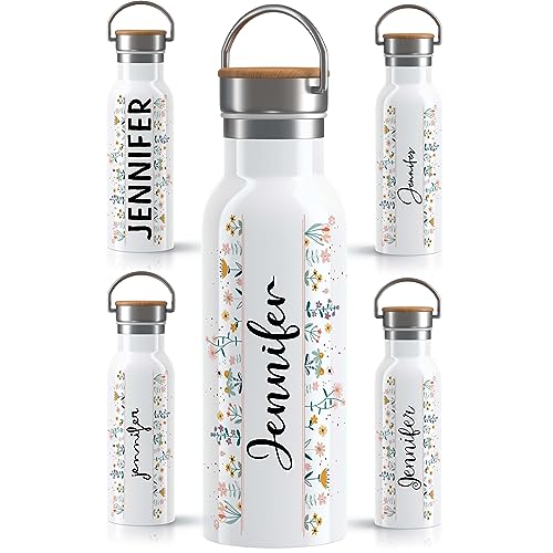 OWLBOOK Blumen Schnörkelschrift Trinkflasche personalisiert Erwachsene Frauen Edelstahl 600ml - Thermo Wasserflasche auslaufsicher schadstofffrei wiederverwendbar BPA frei - für Büro Sport &