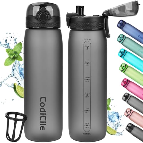 CodiCile Trinkflasche 1L, Wasserflasche 1L BPA-Frei, Auslaufsichere 1 Liter Trinkflasche, Tritan Sportflasche mit Filter für Fitness,Laufen, Schule, im Freien schwarz