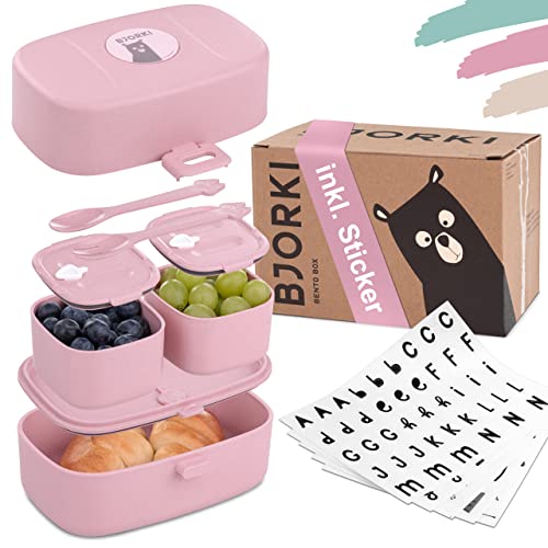 BJORKI® Bento Box für Kinder inkl. BONUS Namensticker - Auslaufsichere Lunchbox mit Fächern - Nachhaltige Brotdose Kinder für Kindergarten & Schule - Die Jausenbox für unterwegs.