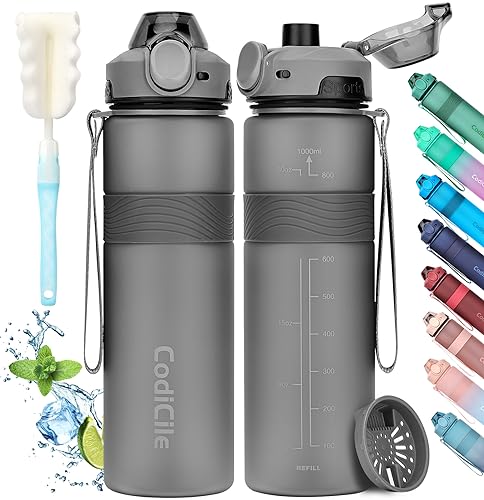 CodiCile Trinkflasche, BPA-frei, 1 Liter Trinkflasche Sport Auslaufsichere, Große Wasserflasche 1L Ideal für Fitnessstudio, Schule, Büro und Reisen (Dunkelgrau)