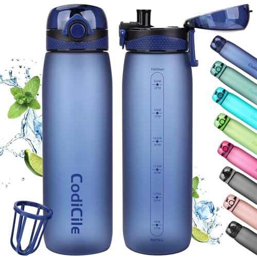 CodiCile Trinkflasche 1L, Wasserflasche 1L BPA-Frei, Auslaufsichere 1 Liter Trinkflasche, Tritan Sportflasche mit Filter für Fitness,Laufen, Schule, im Freien, blau