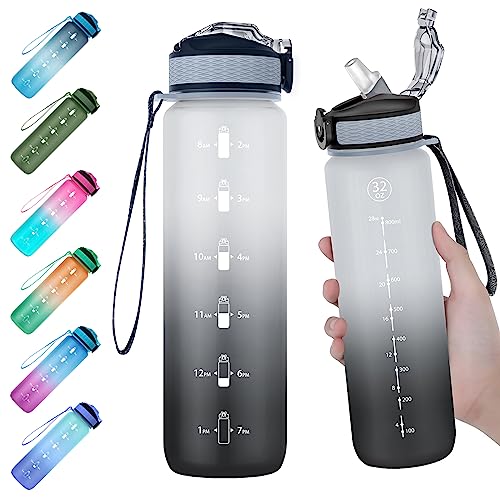 EYQ 1L Trinkflasche, Sportwasserflasche mit Stroh, Tritan BPA Free Water Flasche mit Zeitmarker für die Schule im Outdoor -Sport im School Fitnessstudio–SchwarzGrau