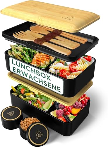 Umami Brotdose mit Fächern und 4 Bestecke, Alles-in-Einem Lunchbox Erwachsene für Männer/Frauen, 2 Soßentöpfe, Auslaufsicher Bento Box Brotbox