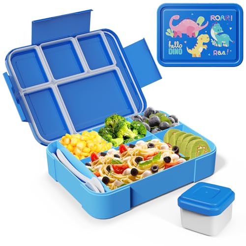 SWOMTEE Brotdose Kinder mit Fächern, 1330ml Lunchbox mit Dinosaurier Muster, 100% BPA Frei Auslaufsicher für Brotbox Jausenbox (Blau)