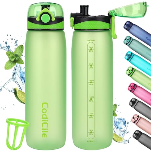 CodiCile Trinkflasche 1L, Wasserflasche 1L BPA-Frei, Auslaufsichere 1 Liter Trinkflasche, Tritan Sportflasche mit Filter für Fitness,Laufen, Schule, im Freien, grün