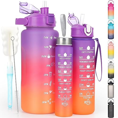 CodiCile 3 Stück Trinkflasche 2L 700ML 300ML, Wasserflasche Auslaufsicher, 2 Litre Trinkflasche mit Strohhalm, BPA Frei Sportflasche mit Zeitmarkierung für Fahrrad, Fitness, Wandern, Outdoor