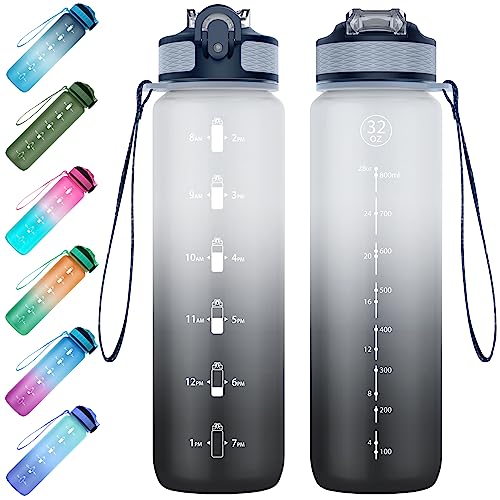 NAVTUE 1 Liter Sport-Wasserflasche mit Strohhalm und Zeitmarkierungen, auslaufsichere Tritan-Trinkflasche, BPA-frei für Fitness/Radfahren/Camping/Laufen, PinkBlau (1L-Schwarz Grau)