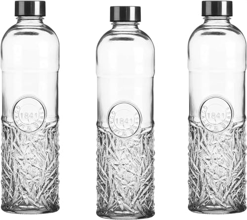 WESTCRAFT Oriental 1 Liter Schliff Glas Wasserflasche mit Schraubverschluss, luftdicht, Silikonabdichtung, Kühlschrank Trinkflasche Wasse, Vintage Glasflasche Flasche (Vintage 3er Set Edge)